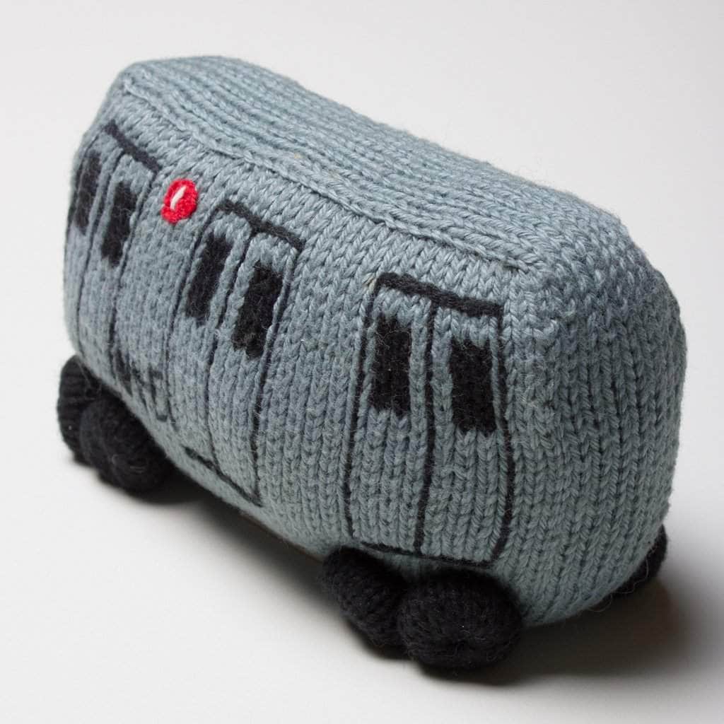Organic knit baby rattle toy train. Grey, black , and red.