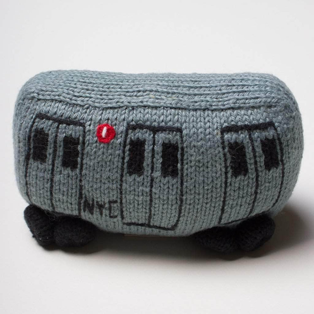 organic knit rattle toy train. Grey, black and red.