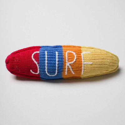organic rattle toy surfboard. Red, Blue, Orange, yellow. and white.