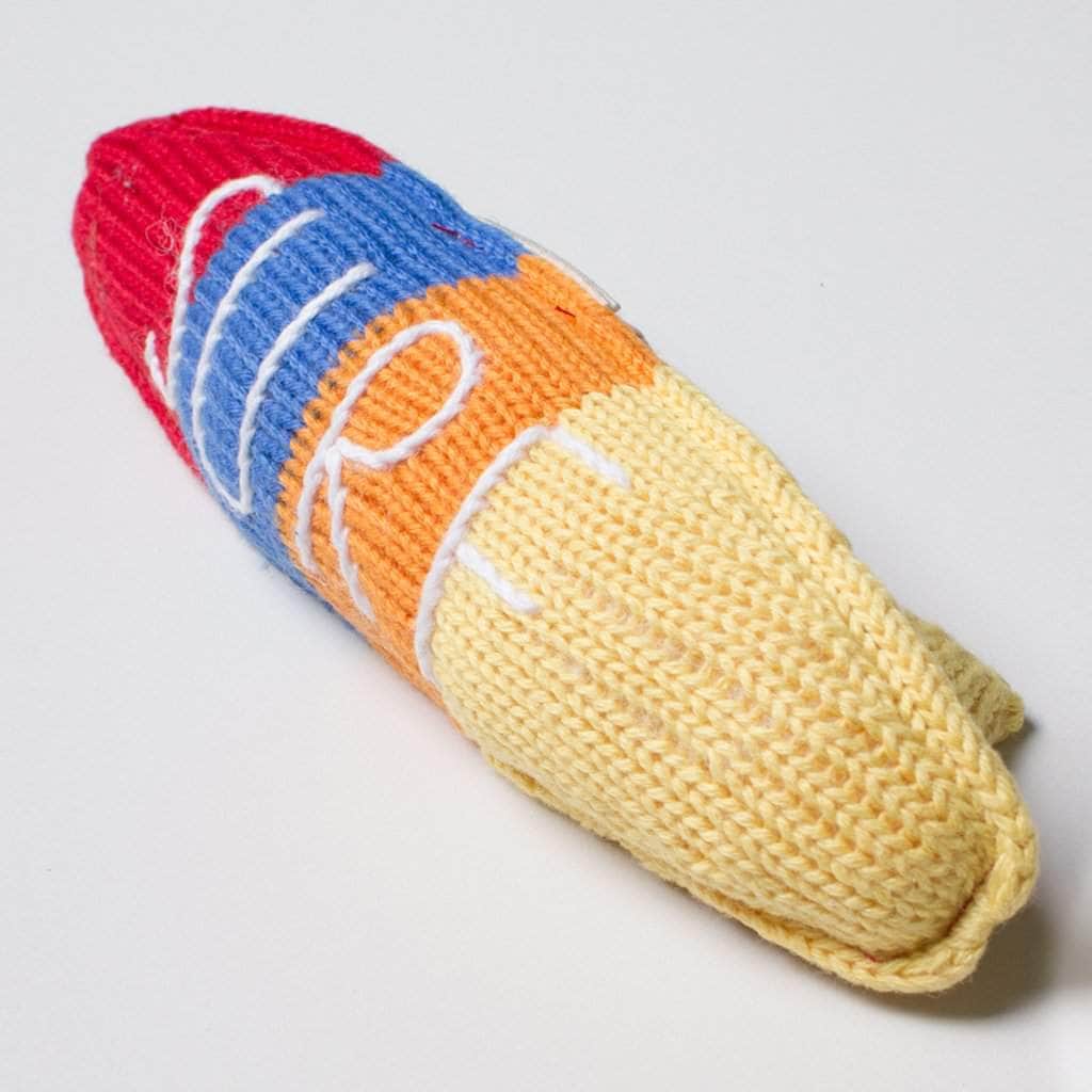 organic knit rattle toy surfboard. Red, Blue, Orange, Yellow. 