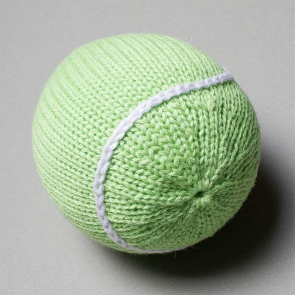 Baby rattle tennis ball organic toy. Green with white stitches.