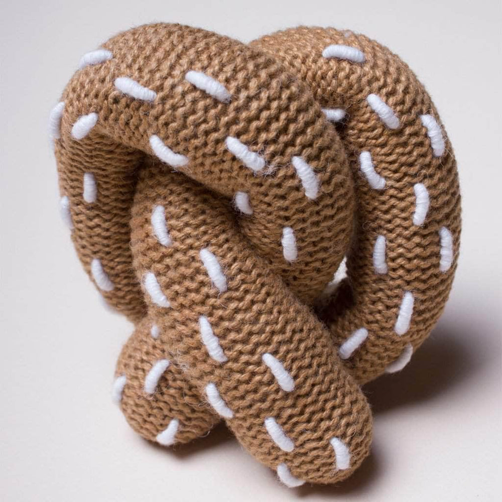 Organic Baby Toy - Infant Rattle - Soft Knitted Pretzel in Brown with White Salt-Like Stitching