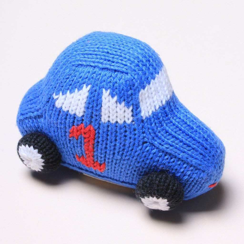 Race car toys - blue number 1 baby rattle shaped like a racing car with white windows and knit with organic cotton.